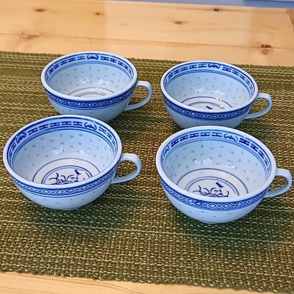 Chinese Rice Grain Eyes Pattern White Flower Cups Set of 4 with Creamer Vintage